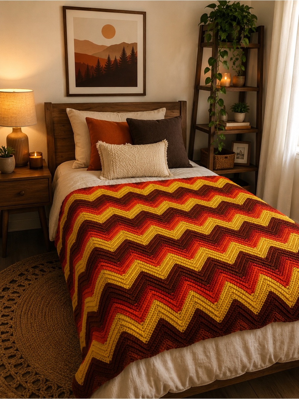 Handmade Retro Chevron Crochet Blanket | Autumn Harvest Colors | Vintage Afghan